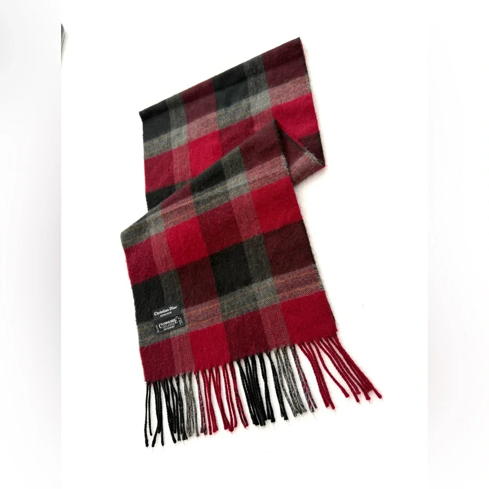 Christian Dior Monsieur Plaid Fringe Red Cashmere 100% Acrylic Scarf